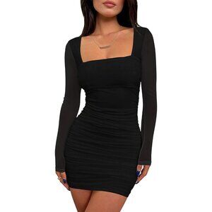 Women's Sexy Ruched Bodycon Mini Dress Mesh Long Sleeve Club Party Short Dress